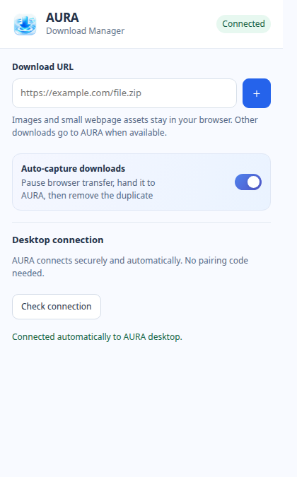 AURA extension popup with automatic capture enabled and desktop connected