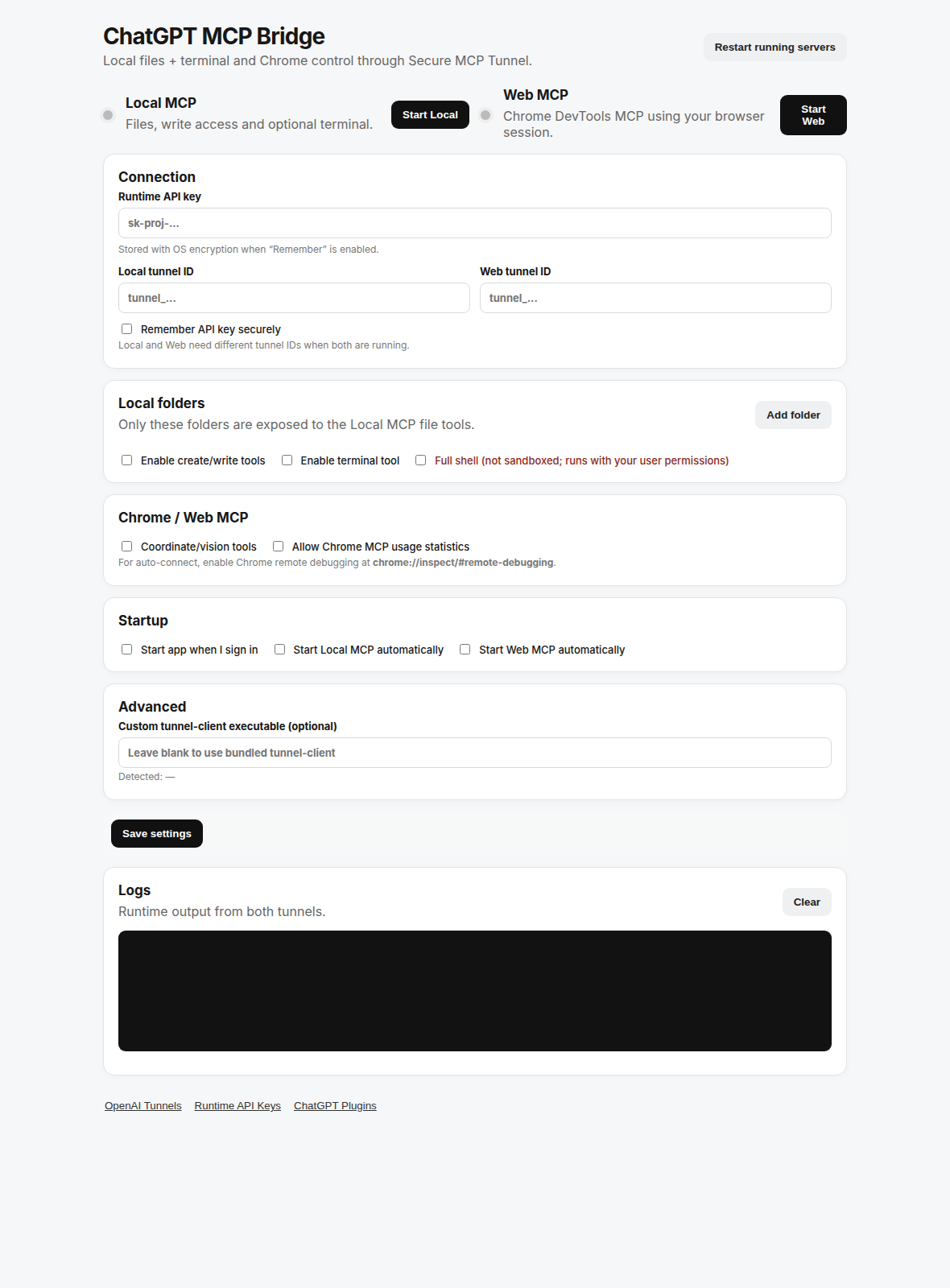 ChatGPT MCP Bridge dashboard for Local MCP and Web MCP